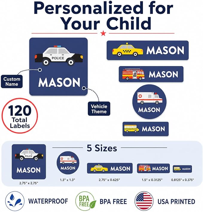 Andaz Press Custom Personalized Waterproof School Name Labels, Fire Truck Police Car School Bus, 120-Pack, Kids Labels Combo Pack, Customizable Multi-Use Name Stickers for Preschool, Daycare, Supplies