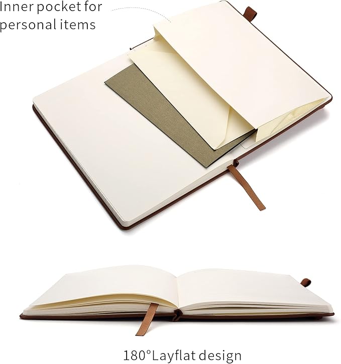 Lined Journal Notebooks with Pen Loop, Hardcover Notebook Journal for Work, 100Gsm Premium Thick Paper with Inner Pocket, Medium 5.7"x8.4", （Brown, Ruled）