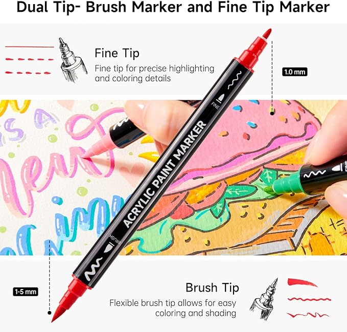 Shuttle Art 60 Colors Dual Tip Acrylic Paint Markers, Brush Tip and Fine Tip Acrylic Paint Pens for Rock, Ceramic, Wood, Canvas, Plastic, Glass, Stone, Calligraphy, Card Making, DIY Crafts