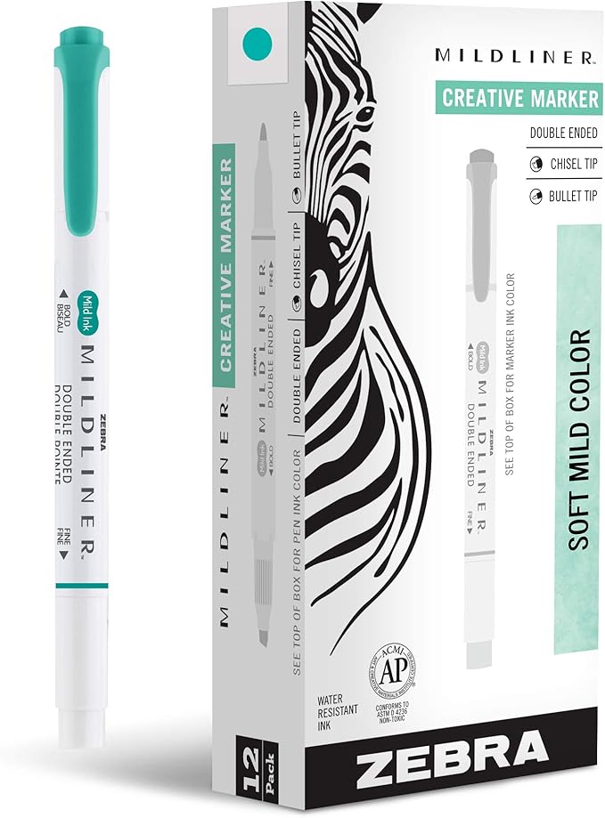 Zebra Pen Mildliner Dual-Tip Highlighters, Broad and Fine Tips, Ideal for Bible Highlighting, No Bleed, School Supplies, Teacher Supplies and Office Supplies, Mild Summer Green Ink, 12-Pack (78440upc)