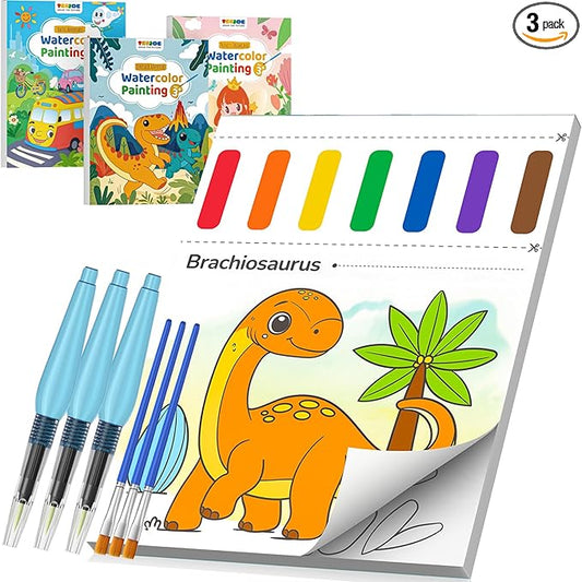 TECJOE 3 Pack Paint with Water Coloring Books for Toddlers, Mess Free Watercolor Painting Set with 6 Brushes, Travel Art Craft Toys Birthday Gifts for Kids Ages 3-8, Traffic, Princess & Dinosaur
