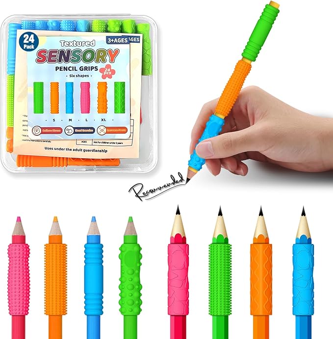 Textured Pencil Grips for Kids & Adults - 24 Pack Sensory Fidget Toys for ADHD, Autism - Quiet Classroom & Office Tools for Anxiety Relief Stress Relief - Educational Supplies, Student Rewards&Gifts
