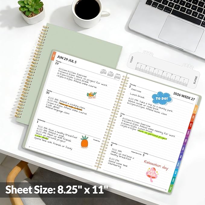 SUNEE Academic Planner 2026-2027 – Weekly & Monthly Planner, July 2026 to June 2027, 8.5"x11", Thick Paper, Tabs, Pockets, Bookmark, Spiral-Bound, Student Teacher Organizer, Sage Green