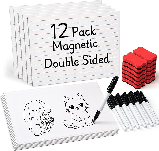 GAMENOTE White Board Dry Erase, Small Magnetic Lined White Board Set, Double Sided Magnet Ruled Lap Boards Whiteboard for Kids and Student Learning, 9x12 Inches (Pack of 12)