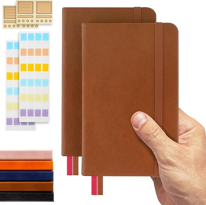 Pocket Dotted Notebook, 2-Pack Dot Grid Notebook, Dotted Journal with Stickers, 3.5" x 5.5" Hardcover, Small Mini A6 size, 160 Pages, 100 gsm Thick Paper, Cognac Brown