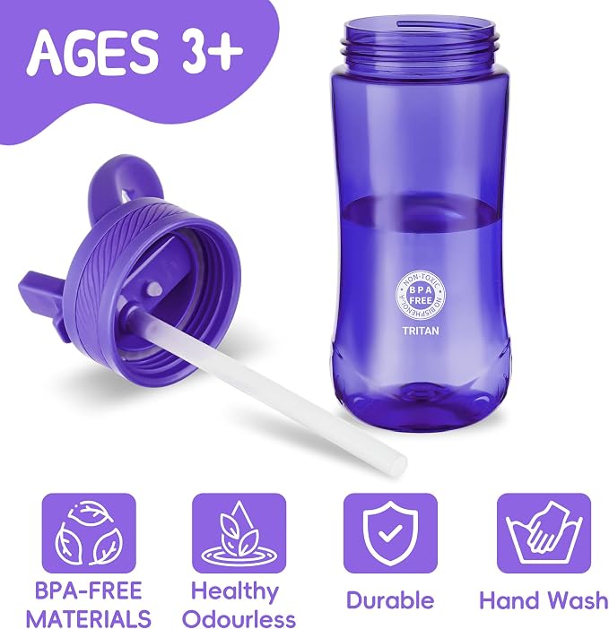 14oz Clear Kids Water Bottle with Straw Lid, BPA-Free Tritan, Measurement Scale, Sturdy Handle Wide Mouth Leak-proof Reusable Plastic Bottle for Boy& Girls, Back to School(Dark Purple)