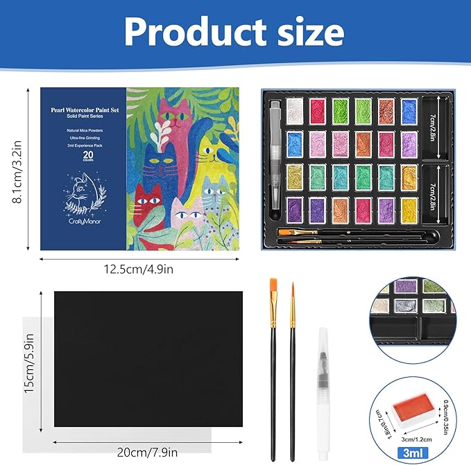 CraftyManor 3ml Glitter Watercolor Paint Set with Paper, 24 Colors Shimmer Metallic Watercolour Painting Sets, Solid Pearl Water Color Paints, Matisse Style (Matisse 24Colors-L)