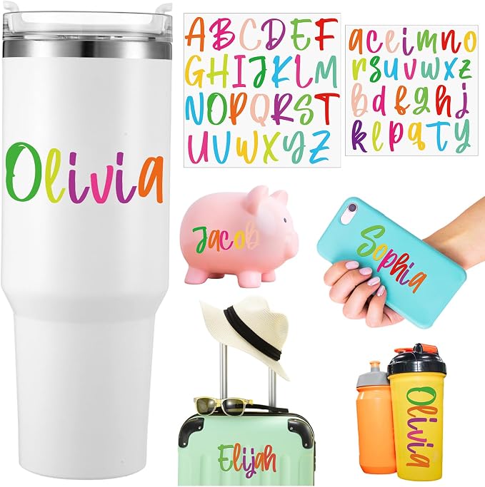 Humyoun UV DTF Cup Wrap Letter Stickers Vinyl Decals,Multicolor,6 Sheets | Personalized Name Stickers for Water Bottles Tumblers, Waterproof UV DTF Alphabet A-Z Stickers for 14-41oz Mugs DIY Craft
