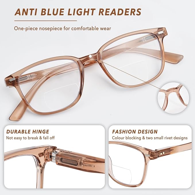 Bifocal Reading Glasses for Women, Blue Light Blocking Computer Readers with Spring Hinges, Retro Square Frame