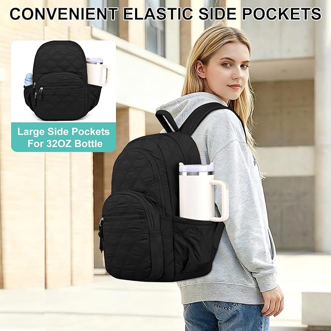 Travel Laptop Backpack for Women - 17.3 Inch College Backpacks Quilted Computer Bookbag Lightweight Casual Daypack Water-Resistant Backpacks for Students Teacher Work Black