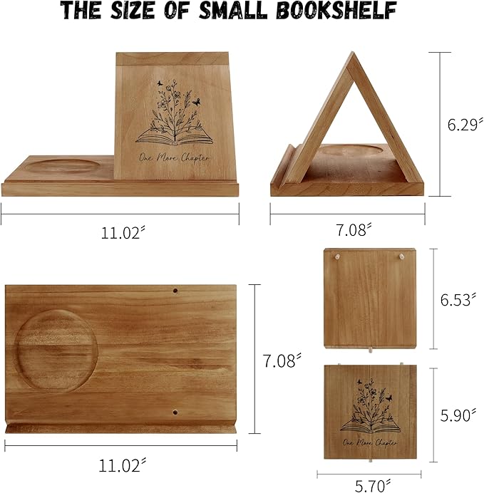 LITIVY Wooden Triangle Bookmark, Small Bookshelf with Drink Holder, Wood Book Reading Rest with Slotted, Book Corner Display Triangle Book Holder (Brown)