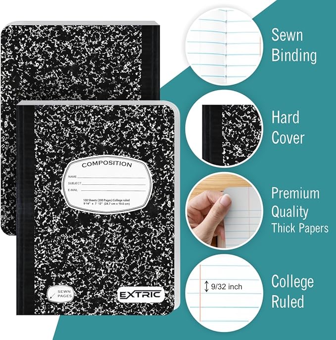 EXTRIC Composition Notebook College Ruled – 48 Pack bulk College Ruled Notebooks for School, 200 Pages (100 Sheets) No Bleed Composition Book Black Marble 9.75 x 7.5 in
