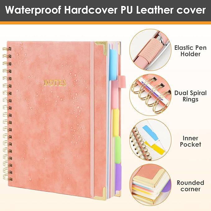 Hardcover Spiral Notebook with Dividers Tabs, 300 Pages 8"x10"(B5) Leather 5 Subject Notebook, Large Journal for Work School Note Taking, Journal for Women, Pink
