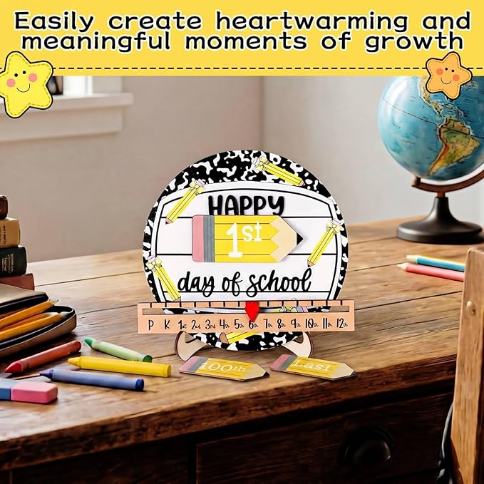 Kosiz First and Last Day of School Sign with Back to School Board Gifts Wooden First Day Sign Reusable Dry Erase 8'' (Composition Notebook and Pencil)