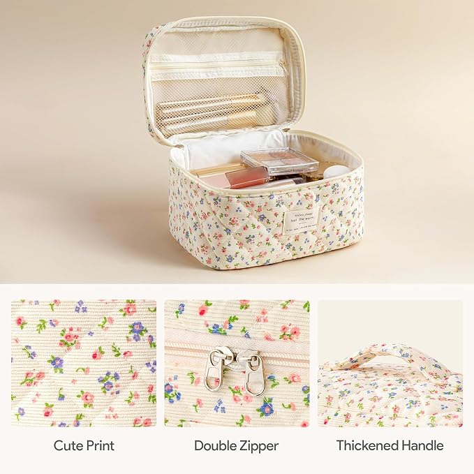 HBselect Quilted Makeup Bag, 3Pcs Cotton Large Travel Makeup Bags Organizer | Cute Floral Make up Bag Cosmetic Bag Toiletry Bag for Women Girls, Makeup Pouch for Skincare, Brushes & Travel Essentials
