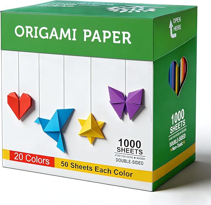 Origami Paper Kit 1000 Sheets 6 Inch Square Double Sided 20 Vivid Colors for Origami Crane, Heart，Perfect for Beginners,Kids,Parent-Child Interaction & School DIY Handmade Craft Lessons，Ideal Gifts