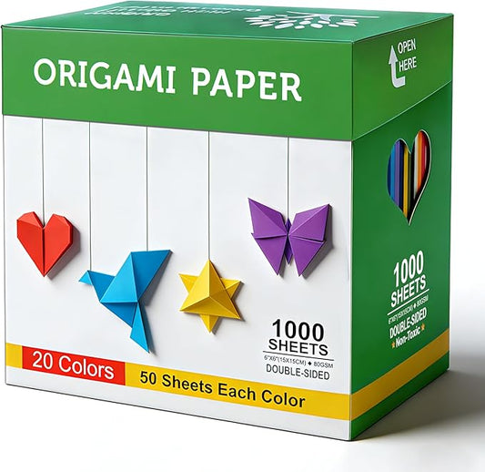 Origami Paper Kit 1000 Sheets 6 Inch Square Double Sided 20 Vivid Colors for Origami Crane, Heart，Perfect for Beginners,Kids,Parent-Child Interaction & School DIY Handmade Craft Lessons，Ideal Gifts
