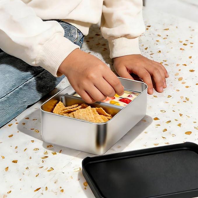 Stainless Steel Bento Box, 33oz Leak-proof Metal Lunch Box Container with Silicone Lid, Microwave-Safe, with Divider, Lunch Food Meal Prep Snack Container for School Work