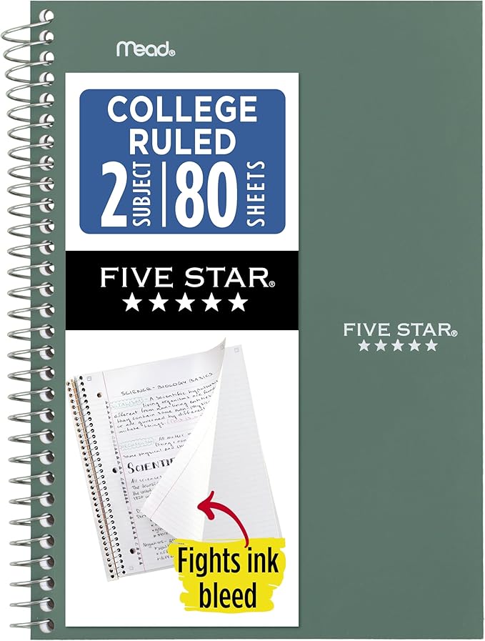 Five Star Spiral Notebook, 2 Subject, College Ruled Paper, 6" x 9-1/2", 80 Sheets, Fights Ink Bleed, Water Resistant Cover, Seaglass Green (840029CH1-ECM)