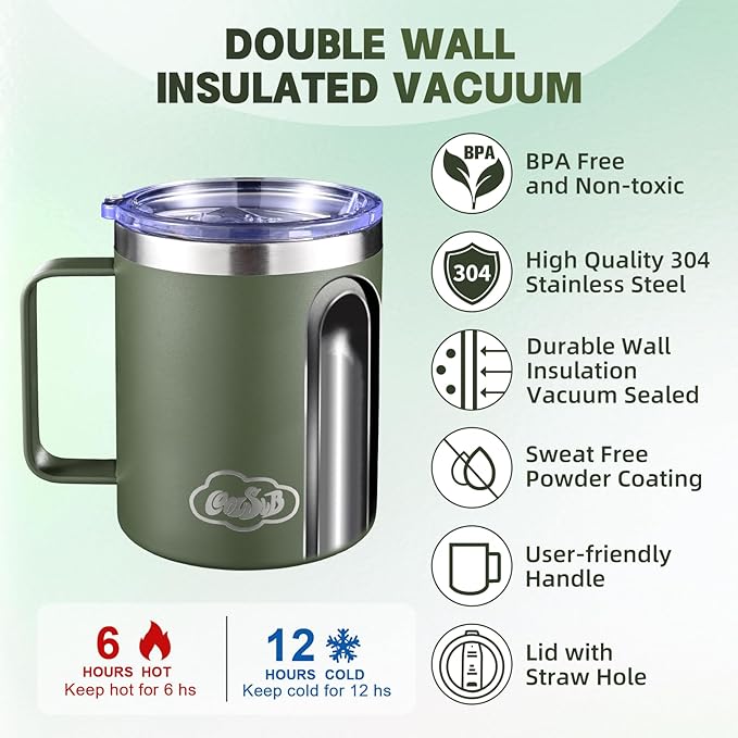 12oz Insulated Coffee Mug with Handle, Stainless Steel Wide Mouth Travel Tumblers with Lid, Double Wall Vacuum Coffee Cup for Camping, Office, Army Green 8 Packs