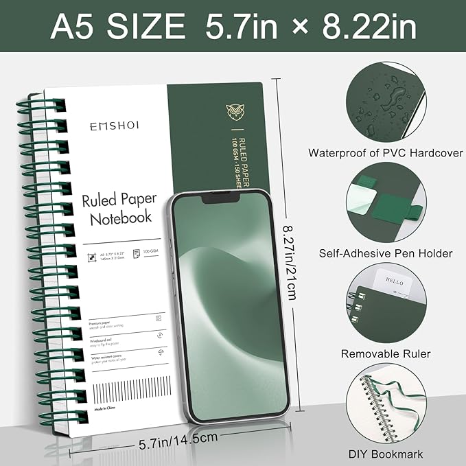 EMSHOI A5 College Ruled Spiral Notebook, Thick 300 Pages/150 Sheets, 100GSM Ink-Proof Waterproof PVC Hardcover Lay-Flat Lined Journal for Work Office School Writing, Small 5.7"x8.22" - Dark Green
