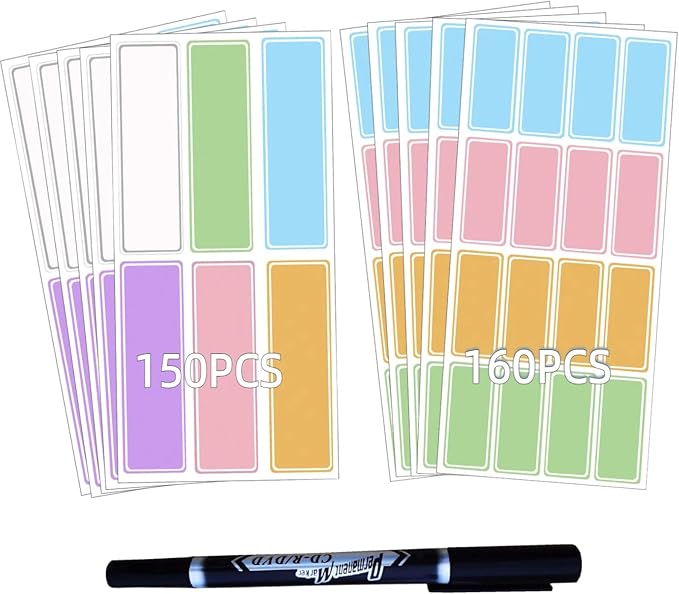 Assorted Colors Waterproof Removable Labels - 310PCS with Pen Adhesive Name Label Stickers for Water Bottles,Baby Daycare,Kids School Supplies,Home Office Organization