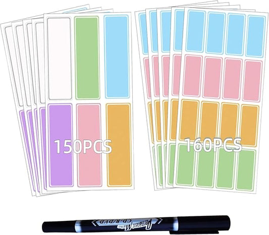 Assorted Colors Waterproof Removable Labels - 310PCS with Pen Adhesive Name Label Stickers for Water Bottles,Baby Daycare,Kids School Supplies,Home Office Organization