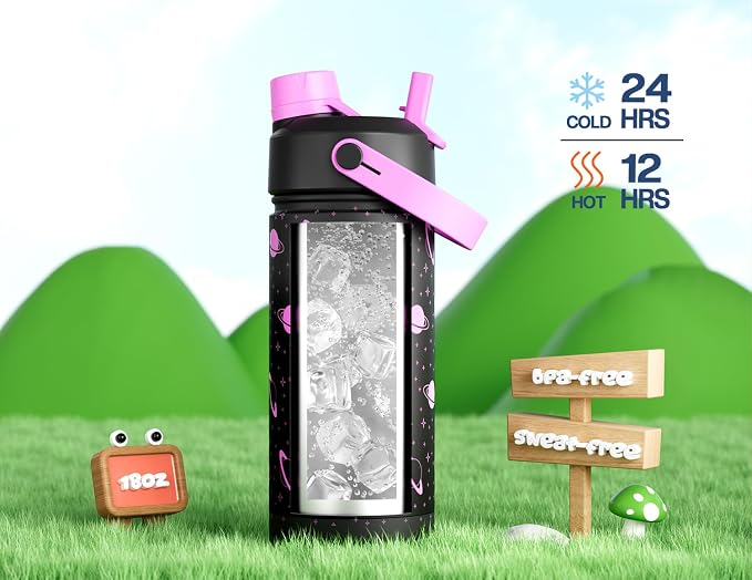 18 oz Kids Insulated Water Bottle: Glow-in-the-Dark, 2-in-1 Straw Spout Lid, Leakproof, BPA-Free, Keep Cold 24H, Stainless Steel Cup for School, Party, Travel, Holiday, Gift (Magic Glow Planet)