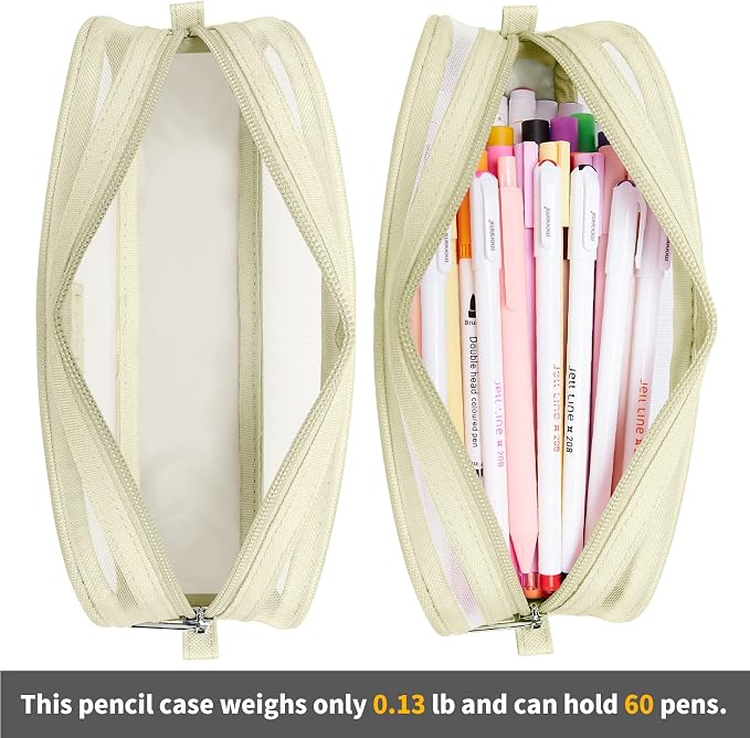KALIDI Grid Mesh Pencil Case Pouch Large Capacity Pencil Bag with Zipper | Pencil Pouch Khaki Simple Stationery Bag Aesthetic Pen Bag for School Teen Girl Boy Multi-Purpose Bag for Office Men Women