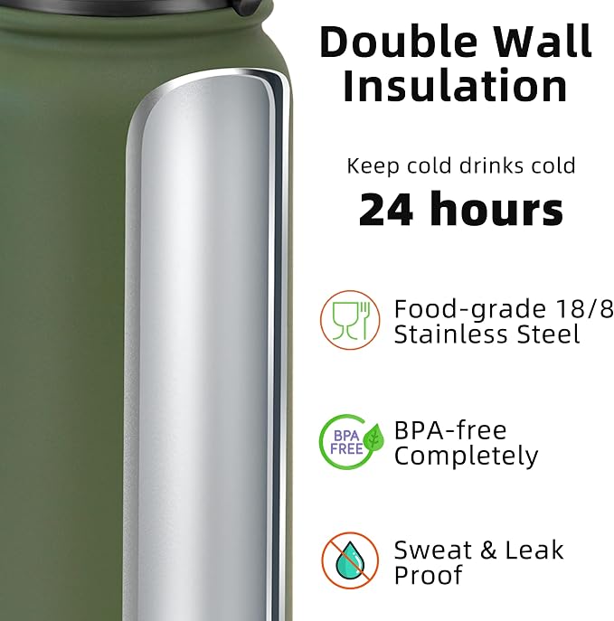 Fanhaw 20 Oz Kids Insulated Stainless Steel Water Bottle with Straw Lid, Leakproof & Anti-Dust Everyday Use Bottle for School, Women & Men, Back to School Essentials (Olive Green)