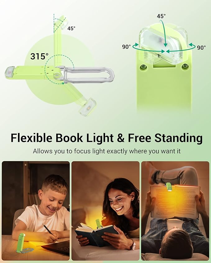 DEWENWILS Amber Book Light for Reading, USB Rechargeable, 3 Brightness Levels, Blue Light Blocking, Kids & Adults (Green)