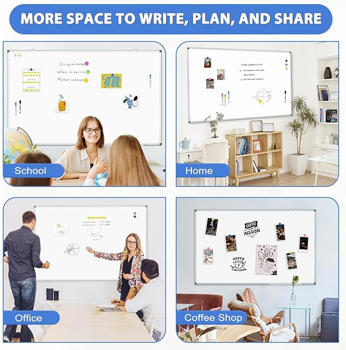 WALGLASS Large Dry Erase White Board for Wall, 72'' x 40'' Double-Sided Magnetic Whiteboard with Aluminium Frame, Hanging & Wall Mount for Home Office School