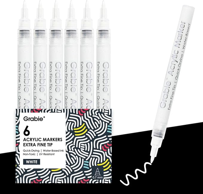 Grabie 6 White Acrylic Paint Markers, 0.7mm Extra Fine Tip Acrylic Paint Pens for Drawing, Coloring Books for Adults