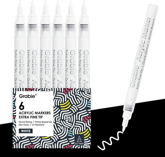 Grabie 6 White Acrylic Paint Markers, 0.7mm Extra Fine Tip Acrylic Paint Pens for Drawing, Coloring Books for Adults