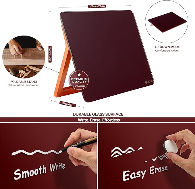 Glass Desk Whiteboard with Reversible Wood Stand, Burgundy Red, Small Desktop Dry Erase White Board, Reusable Desk Notepad Easel 6.7"x9.5" for Office, Home, School, Yeoux