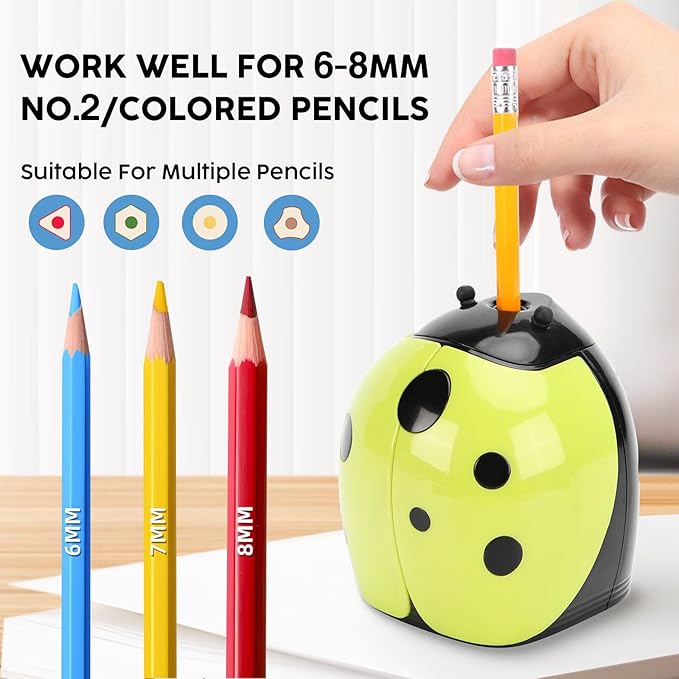 Ladybug Electric Pencil Sharpener – 4AA Battery, Ideal for No.2 and Colored Pencils Portable Pencil Sharpener for School, Home, and Crafts