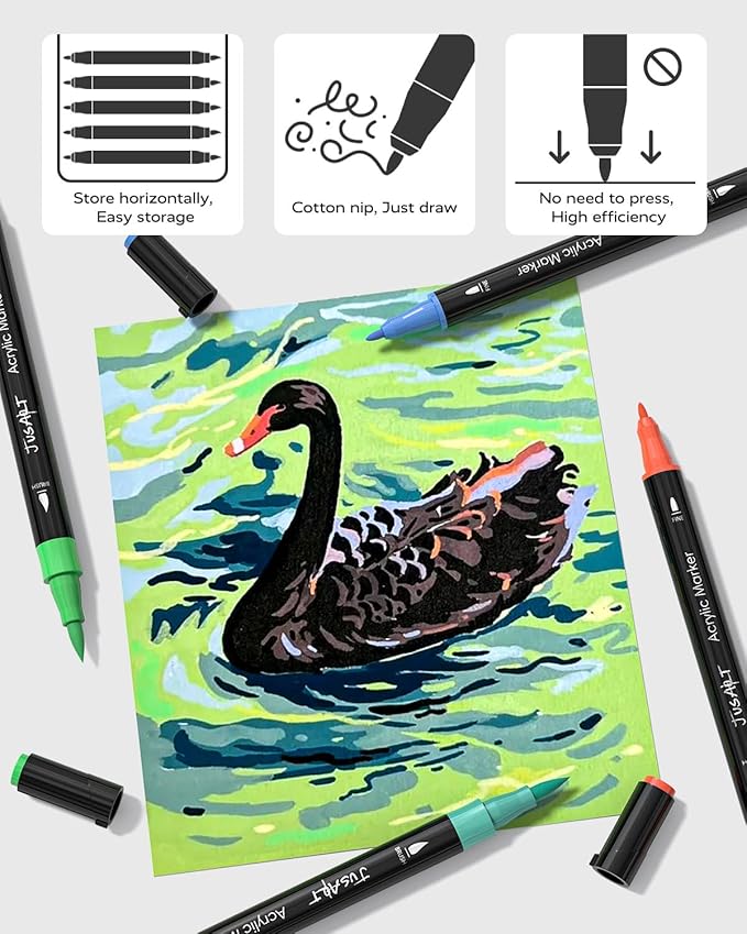 JusArt 36 Colors Dual Tip Acrylic Paint Pens Markers, Brush and Fine Tip, Premium Paint Pens for Wood, Canvas, Egg, Stone, Fabric, Rocks, Metal, Glass, Ceramic, DIY Crafts Making Art Supplies Gifts