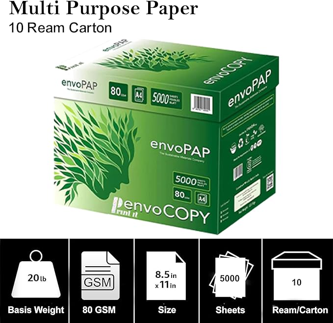 EnvoCopy 100% Recycled Tree-Free Sustainable Printer Copy Paper, 8.5" x 11" Letter Size, 500 Sheets/Ream, 10 Reams