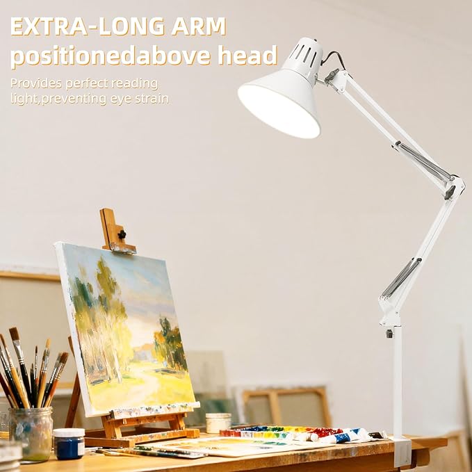 LED Desk Lamp Dimmable with Clamp, Eye-Caring Clip on Lights for Home Office, 3 Adjustable Color Temperature,Extra Tall Metal Swing Arm, High Intensity Clamp w/A19 E26 Bulb for Working Reading