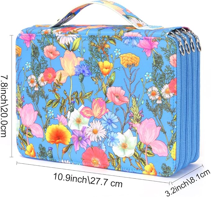 Vomgomfom 200 Slots Pencil Bag, 4-Layer Zipper Portable Art Supply Organizer, PU Leather Large Capacity Colored Pencil Case with Handle for 200 Watercolor Pens, Gel Pens (Blue Flower)