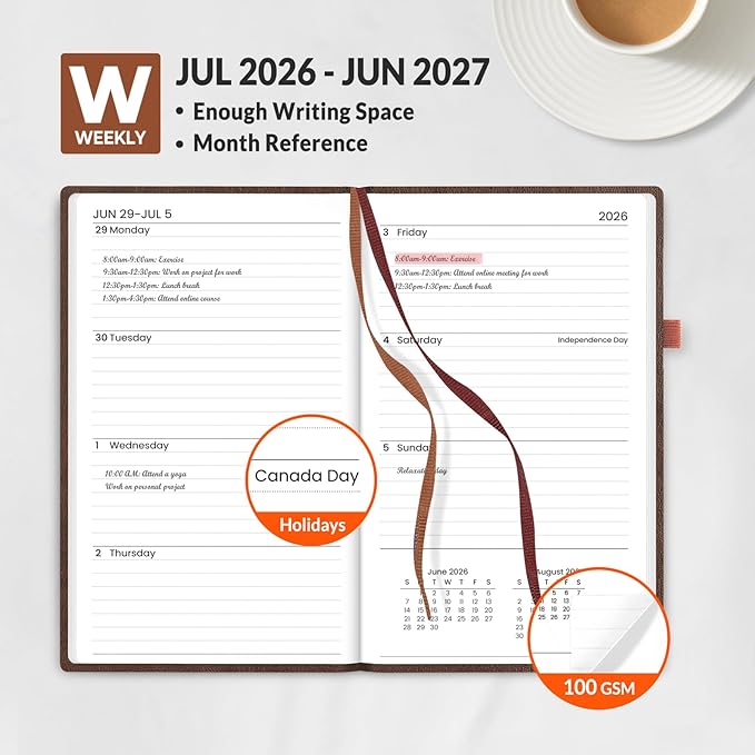 SUNEE 2026-2027 Pocket Weekly Planner for Purse 3.5" x 6" - 12 Month (July 2026 - June 2027) Academic Year Calendar, Pocket Size Planner, Hardcover, Note, 100 GSM Paper, Brown