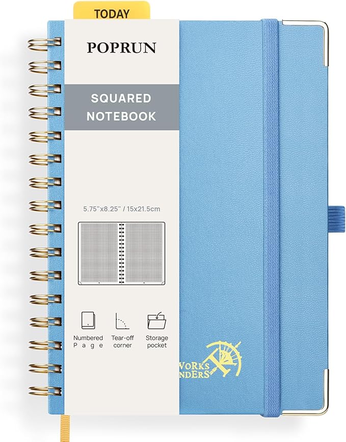 POPRUN Graph Spiral Journal Notebook - A5, 141 Pages Grid Notebooks for Women Men, 120 GSM Hardcover Graphing Journals for Work, School, Engineering & Graphing, 5.75'' x 8.25'', Haze Blue