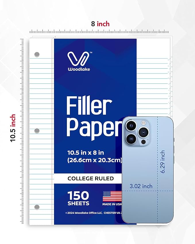 Woodlake Loose Leaf Paper, College Ruled Notebook Paper, 8 x 10.5”, 150 Sheets per Pack, 3 Pack Bulk Lined Filler Paper, 3 Hole Punched, 60gsm, Made in USA