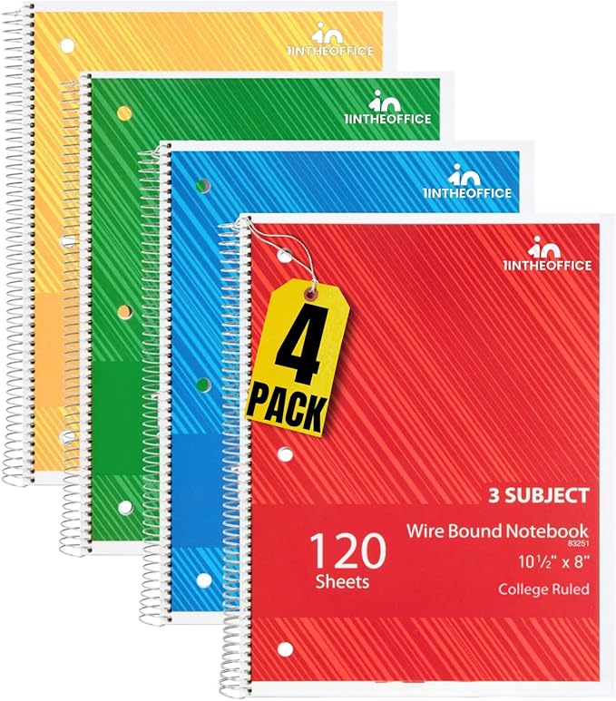 1InTheOffice Spiral Notebook College Ruled 8.5 x 11, 3-Subject College Ruled Notebooks, Wirebound Spiral Notebooks, 3-Hole Punched, 120 Sheets, Black, 4 Pack