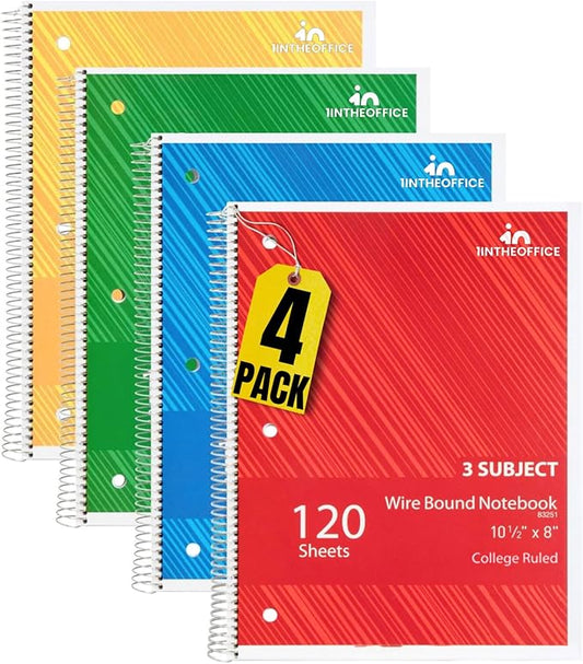 1InTheOffice Spiral Notebook College Ruled 8.5 x 11, 3-Subject College Ruled Notebooks, Wirebound Spiral Notebooks, 3-Hole Punched, 120 Sheets, Black, 4 Pack