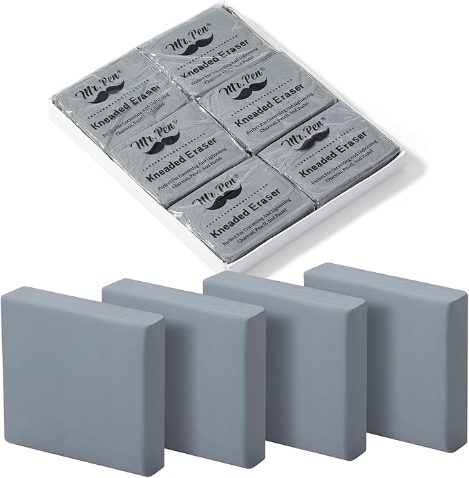 Mr. Pen- Kneaded Erasers, 1.44" x 1.36", 6 Pack, Gray, Soft Moldable Art Erasers for Charcoal, Graphite & Pastel Drawing, Precision Highlighting, Smudge Control, Easy Shaping for Artists & Students