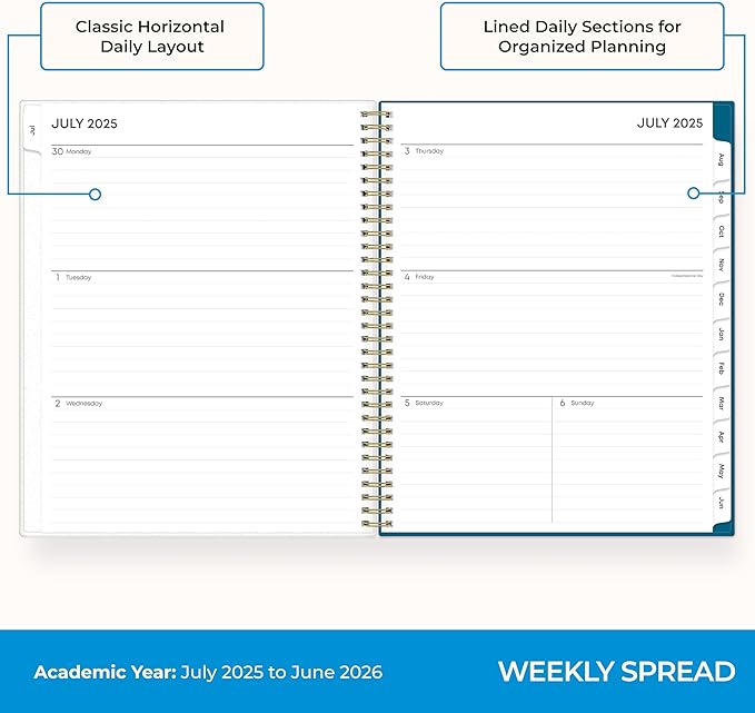Blue Sky 2025-2026 Weekly and Monthly Academic Year Planner Calendar, July 2025 - June 2026, 8.5" x 11", Flexible Cover, Wirebound, Storage Pocket, Bakah Blue