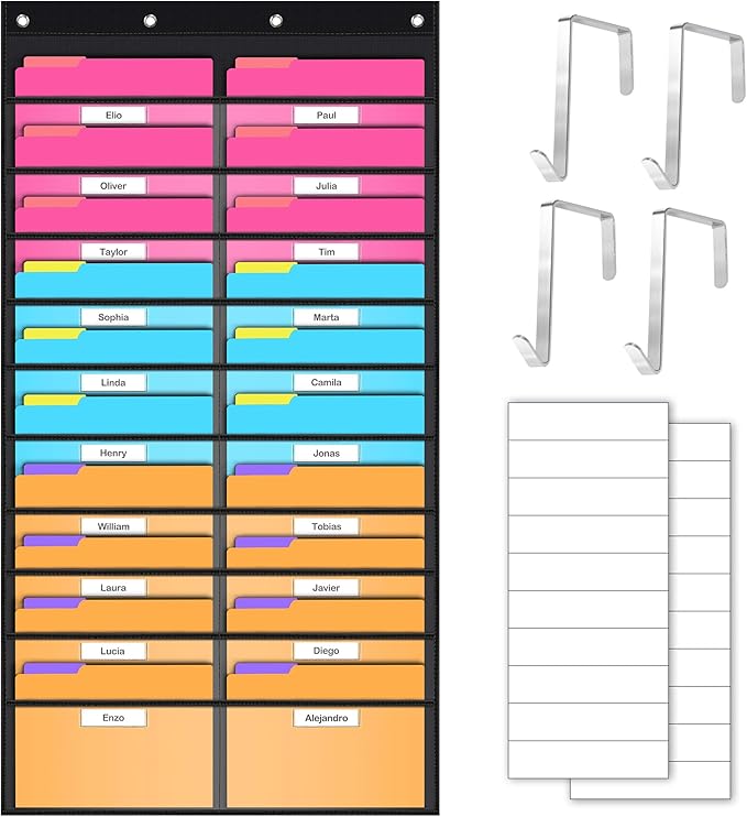 Clear Storage Pocket Chart for Classroom & Office with 20 Nametag Pockets, 4 Overdoor Hangers Included, Hanging Wall File Organizer for File Folders, Assignments, Files, Scrapbook Papers & More