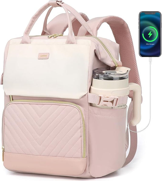 Computer Backpack for Women, Work Bag Laptop Bookbag with Cup Holder & USB Charger for Teacher Nurse College Travel Back Pack, Gifts, Beige Pink