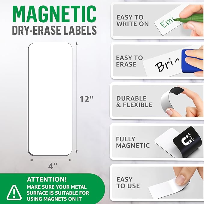 12 Pack Dry Erase Magnetic Labels 12x4 in - Magnetic Name Tags for Classroom Lockers School Bus - Classroom Magnets for Names - Magnet Labels for Whiteboard - Magnet Names Plates for Classrooms